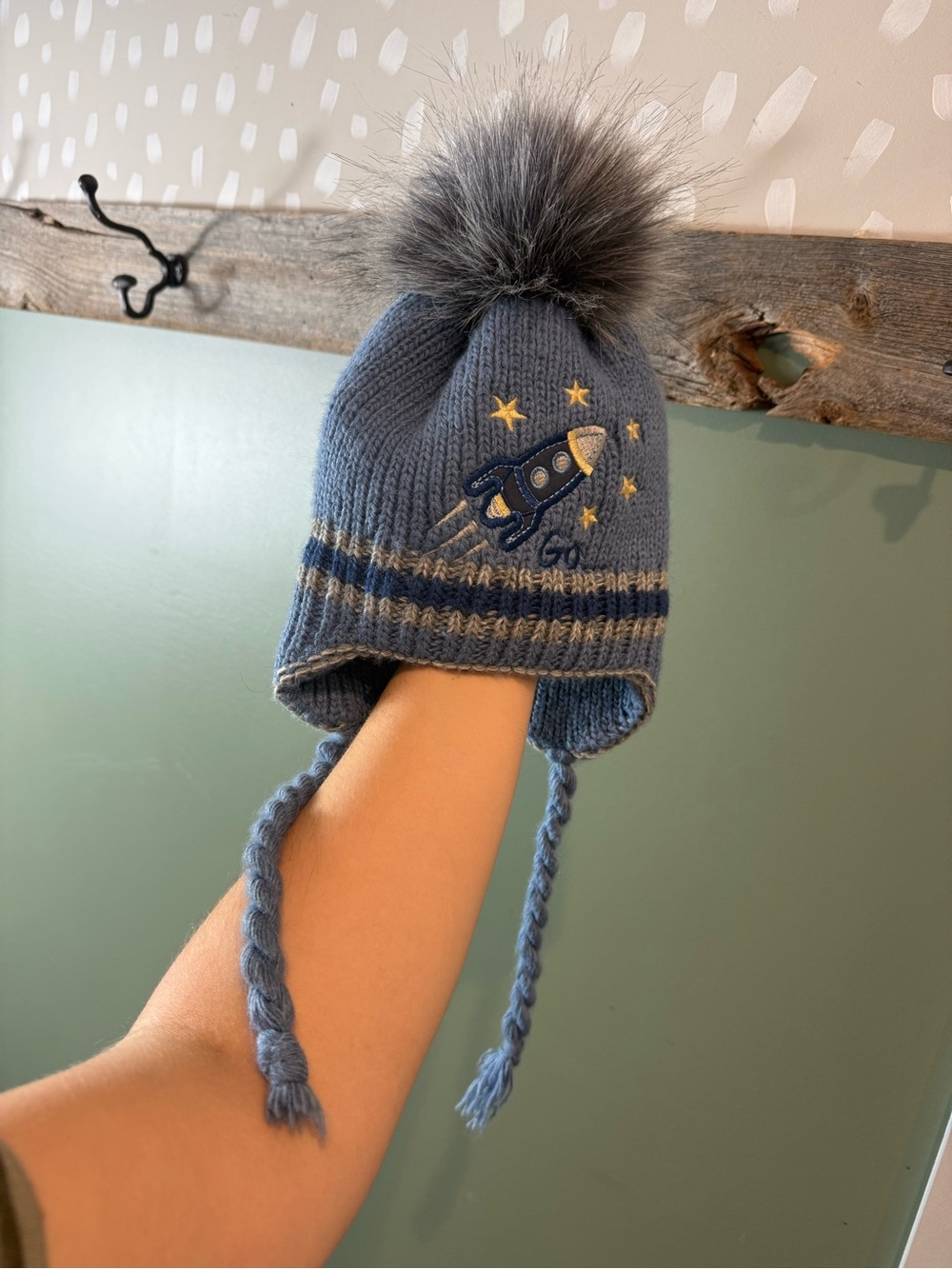 Kids Blue Rocket Knit Pom Pom Hat with Earflaps
